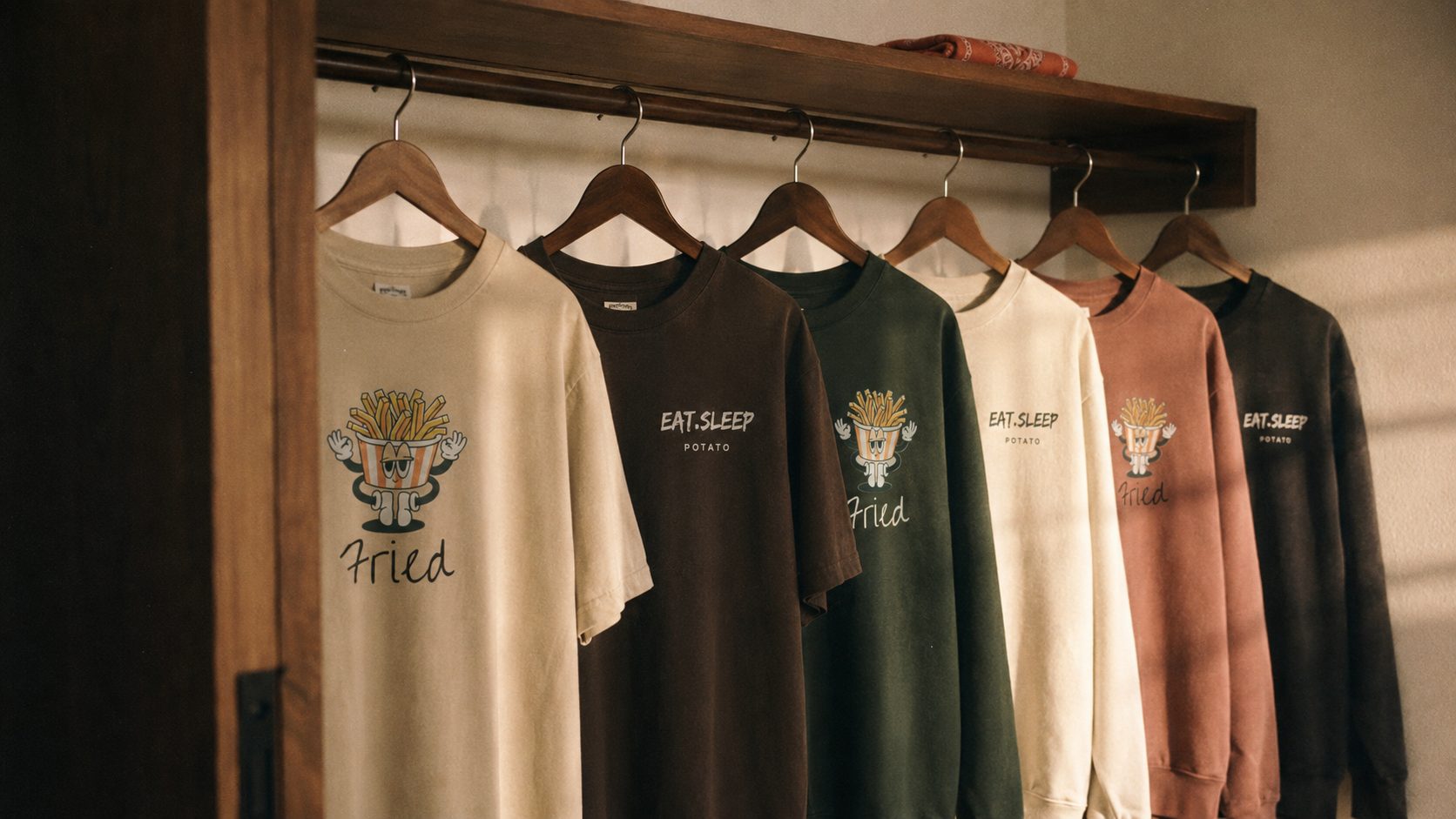 The full Eat Sleep Potato wardrobe — tees and sweatshirts on a worn wood rack in raking afternoon light.